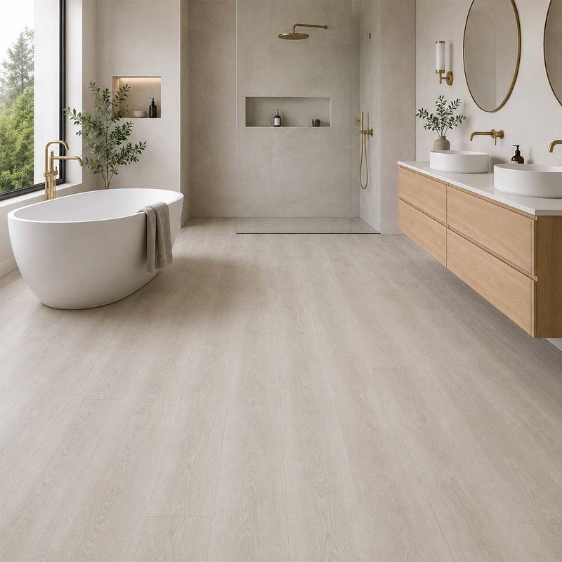 Klebevinyl Burwell Landhausdiele Hell im modernen Badezimmer mit heller Eichenoptik