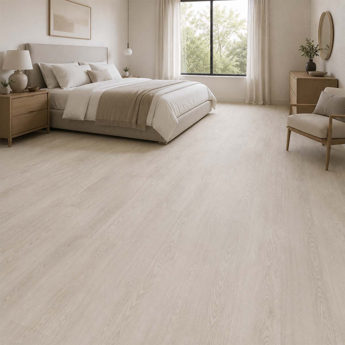 Klebevinyl Burwell Landhausdiele Hell als ruhiger Holzoptikboden im Schlafzimmer