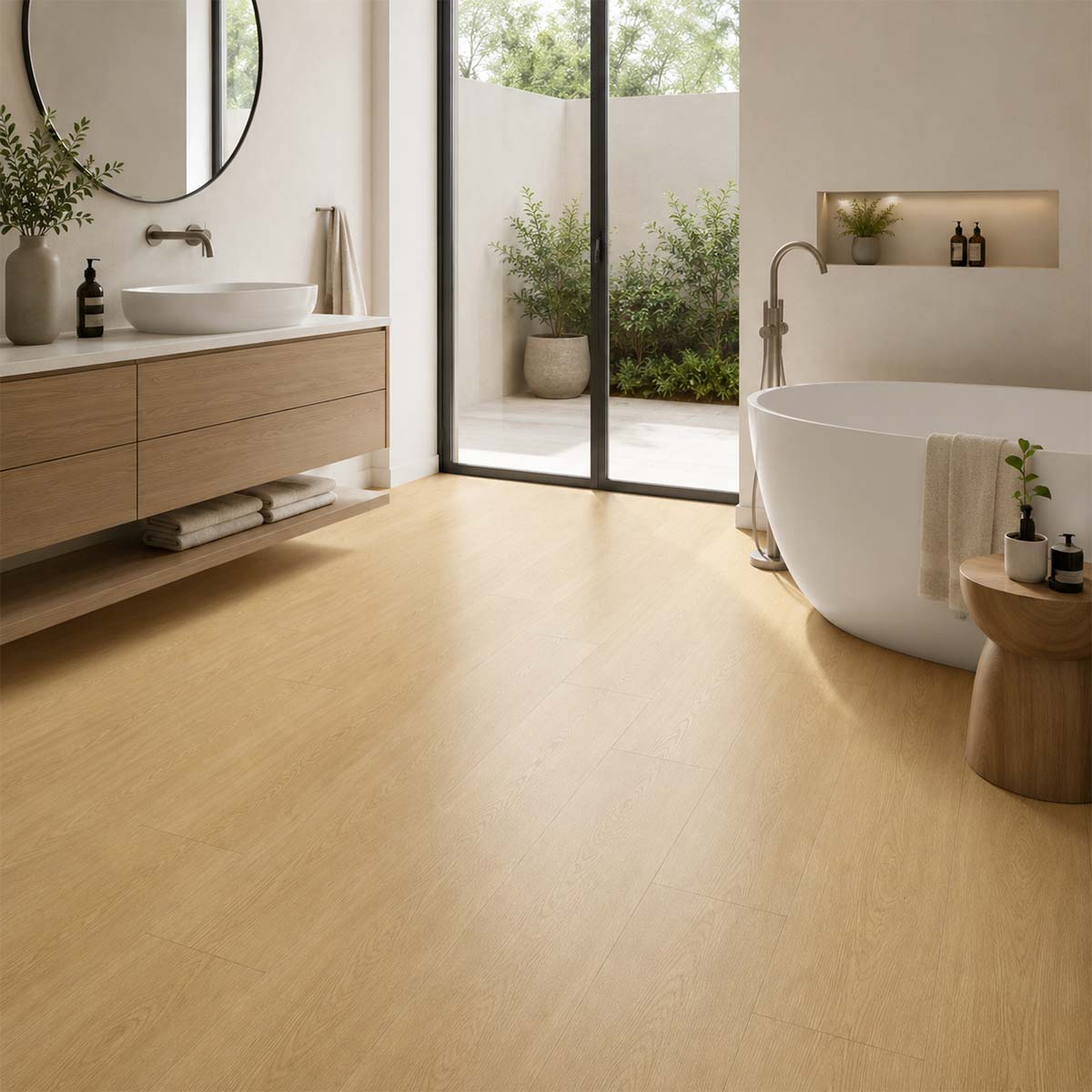 Klebevinyl Eiche Burgund Glue 2.5 im hellen Badezimmer mit warmer Holzoptik