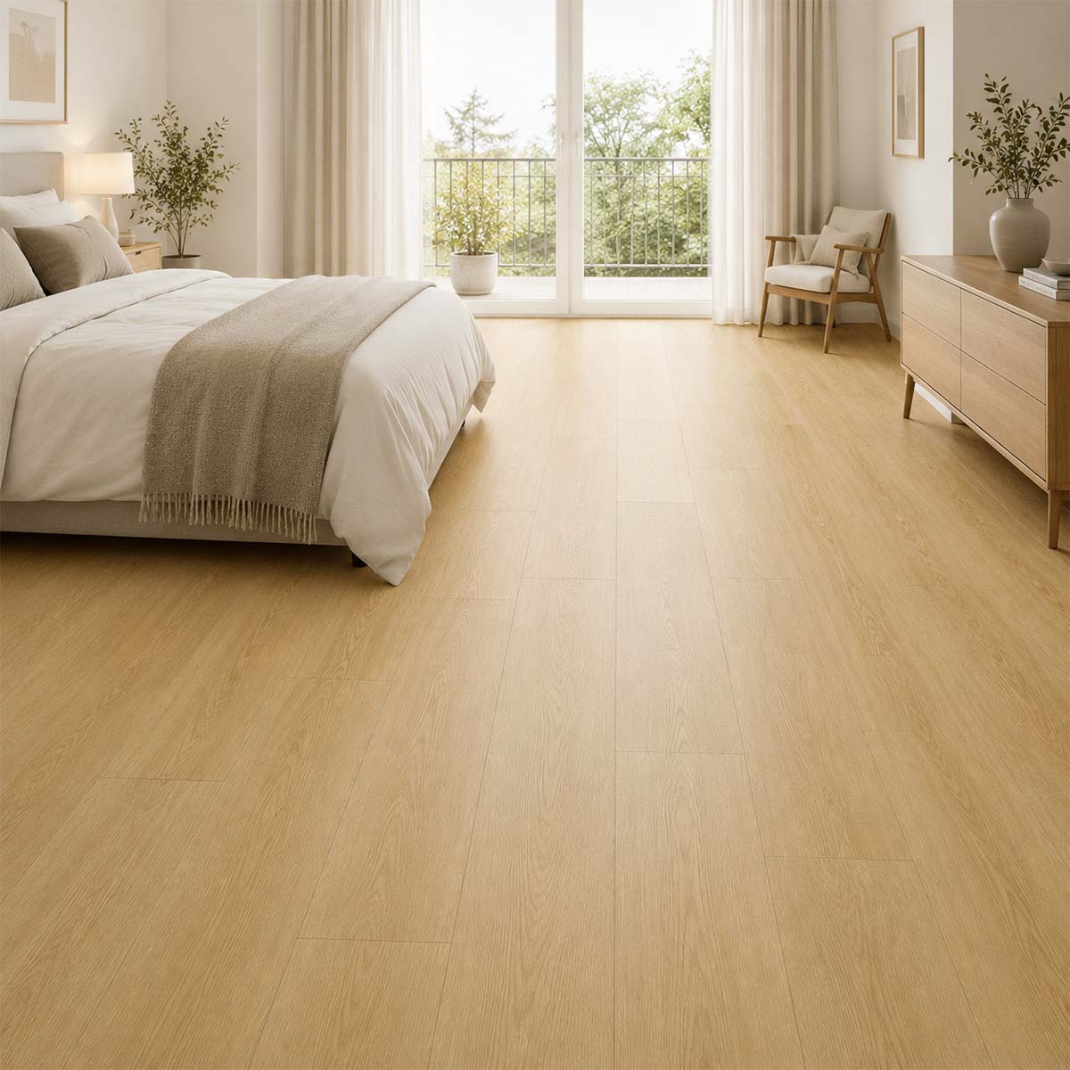 Klebevinyl Eiche Burgund Glue 2.5 im minimalistischen Schlafzimmer mit warmer Eichenoptik