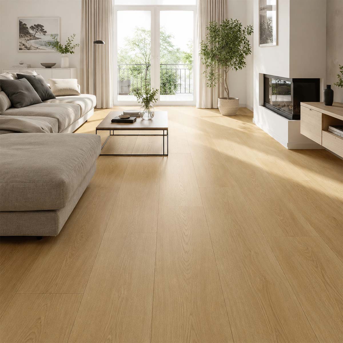 Klebevinyl Eiche Burgund Glue 2.5 im hellen Wohnzimmer mit warmer Eichenoptik