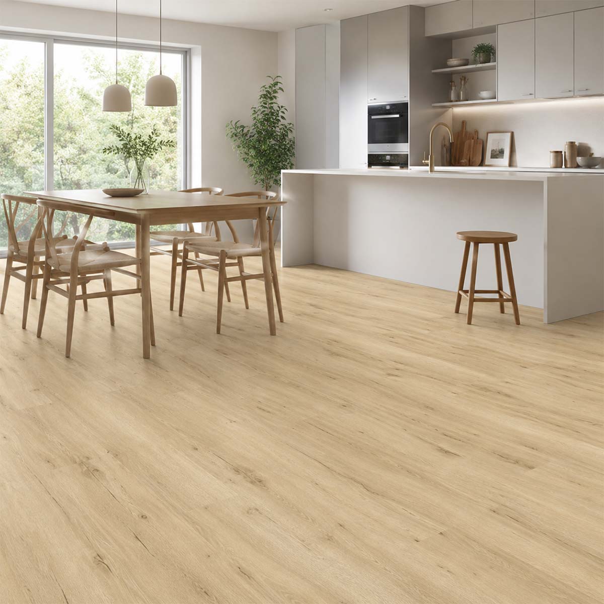 Klebevinyl Eiche Norman als heller Holzoptikboden in Küche und Essbereich