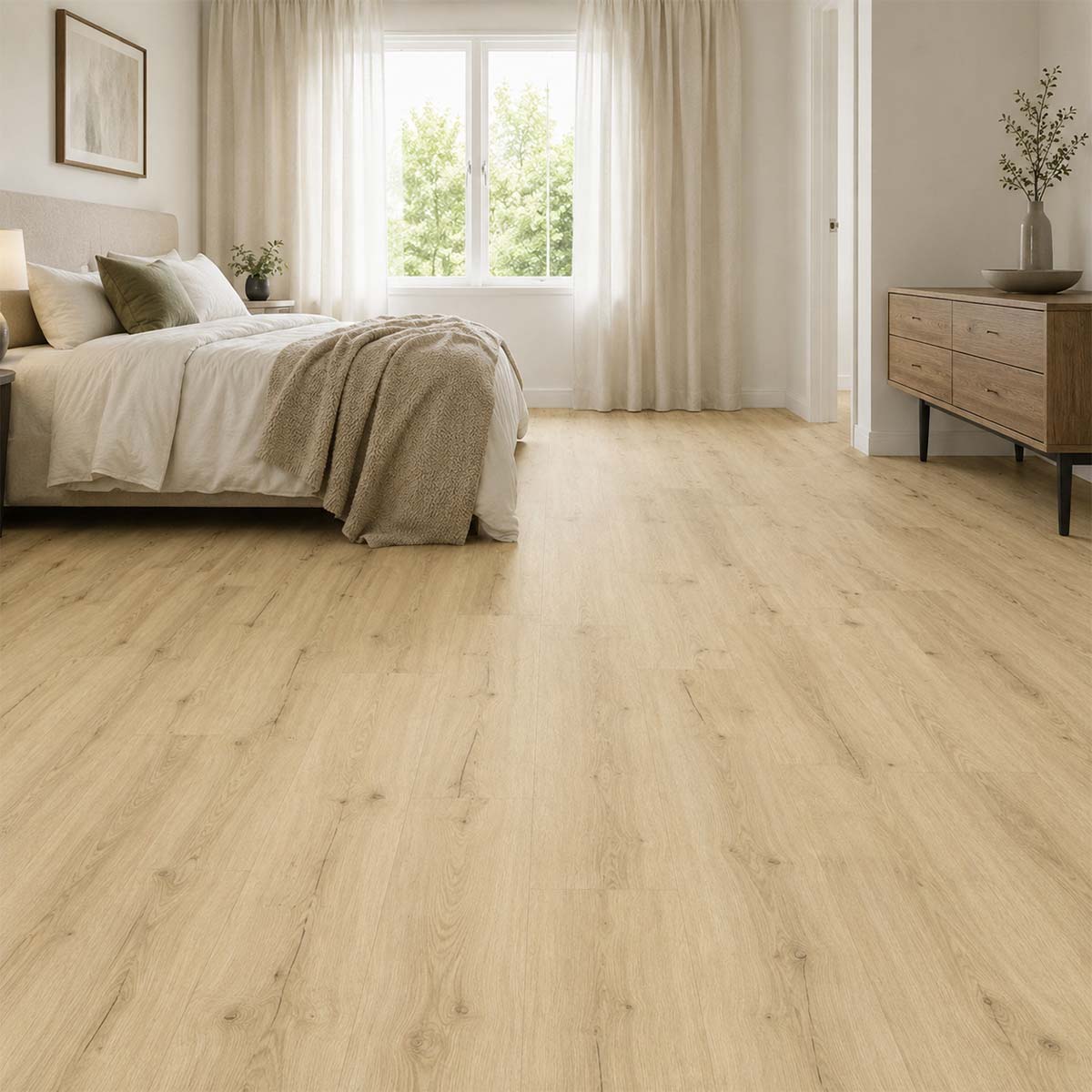 Klebevinyl Eiche Norman als ruhiger Holzoptikboden im Schlafzimmer