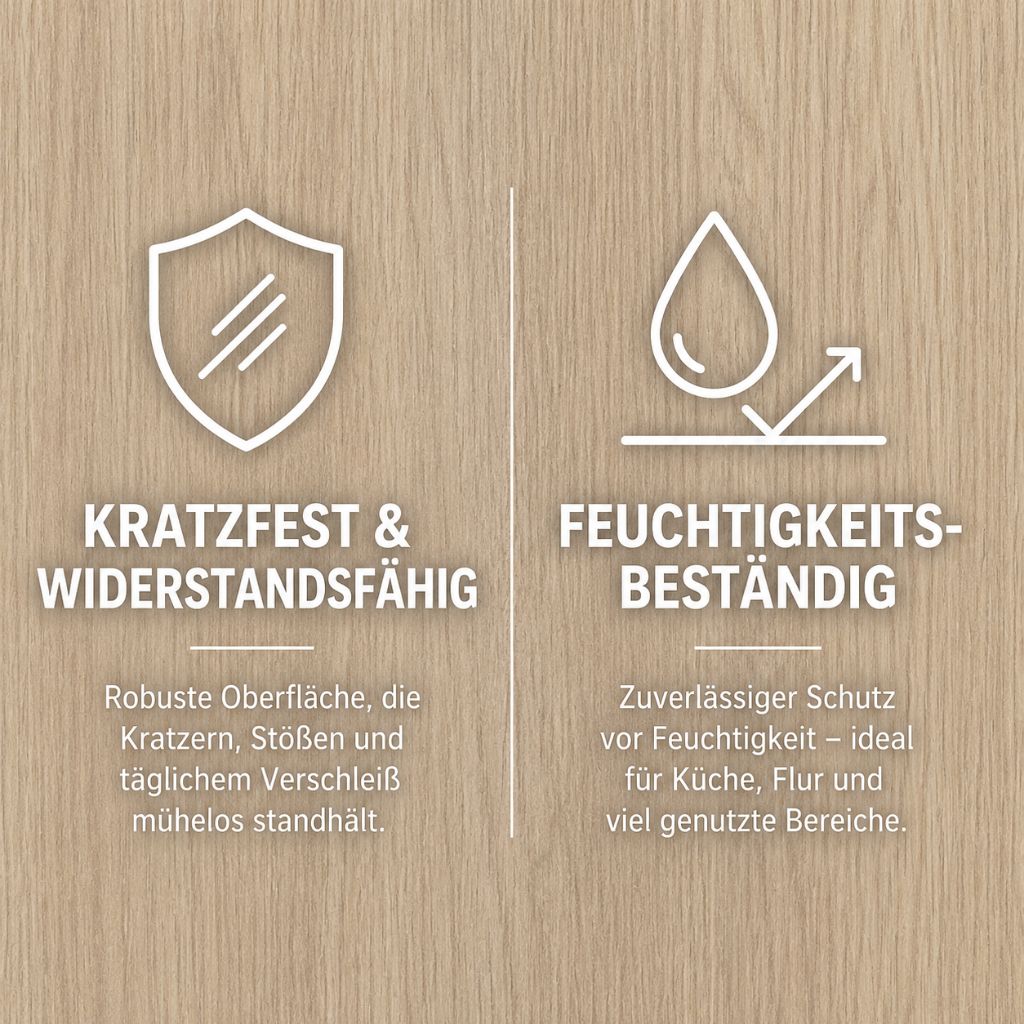 Kratzfest und widerstandsfähig, zusätzlicher Feuchtigkeitsschutz für Küche und Badezimmer – von Floor4all
