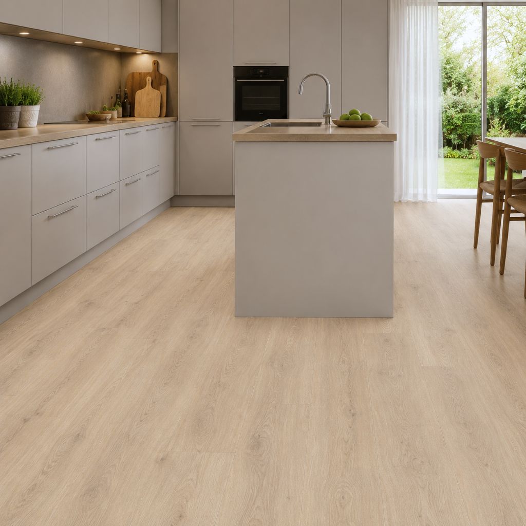 Helle, moderne Küche mit Biscotti-Eiche-Laminat, weißen Fronten und hellen Arbeitsflächen – von Floor4all
