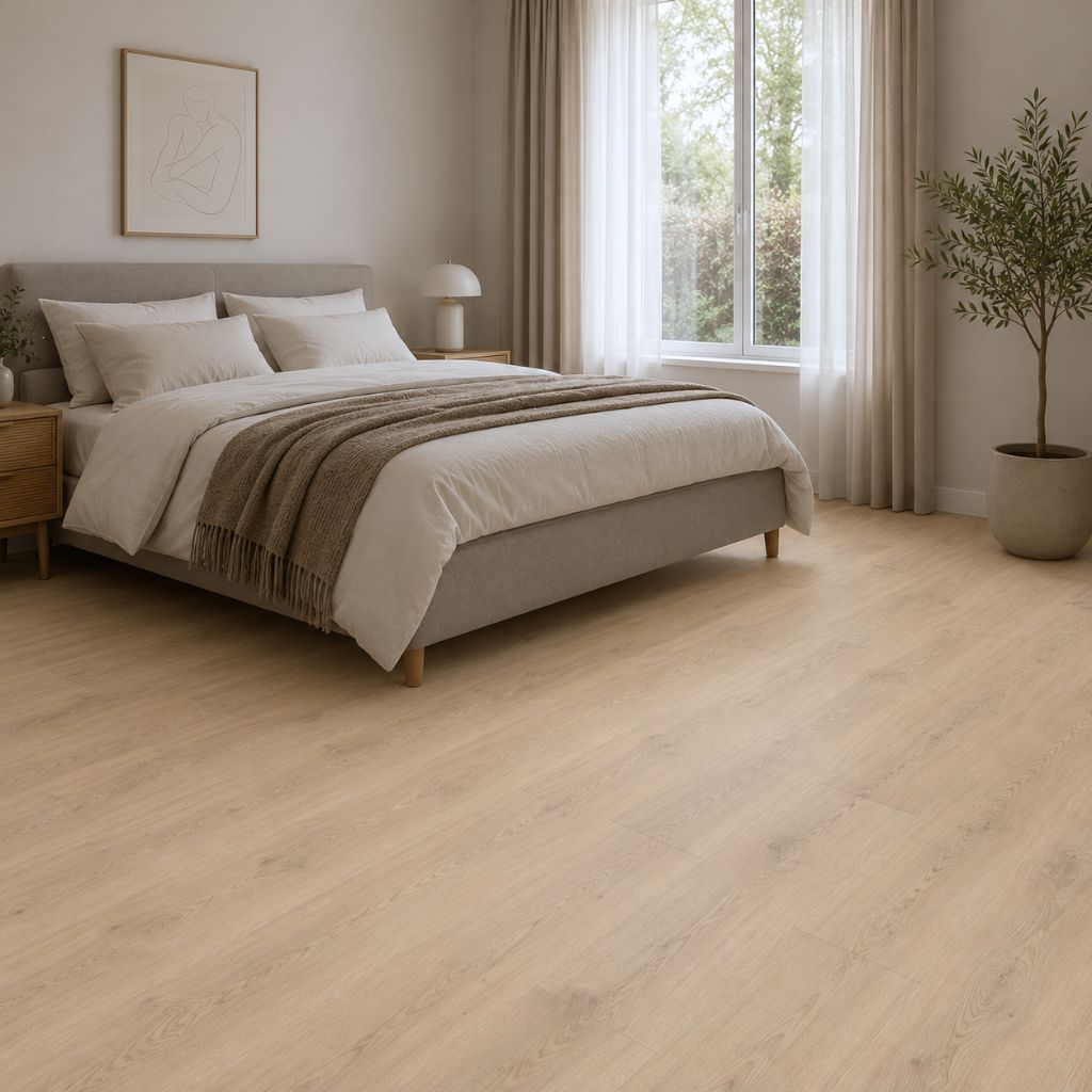 Ruhiges Schlafzimmer mit Biscotti-Eiche-Laminat, hellen Möbeln und warmer Naturholzausstattung – von Floor4all
