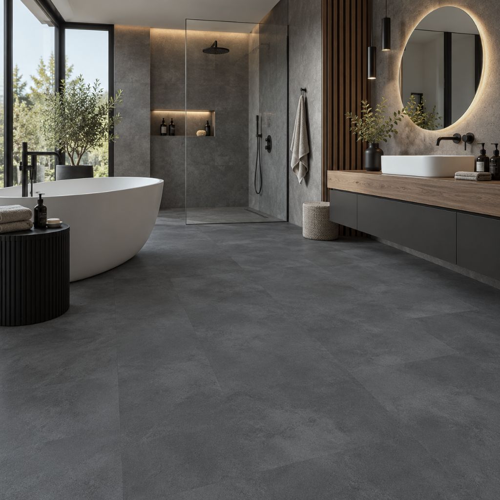 Klick Vinyl Betonoptik Almira dunkelgrau im Badezimmer mit freistehender Wanne und Dusche von Floor4all
