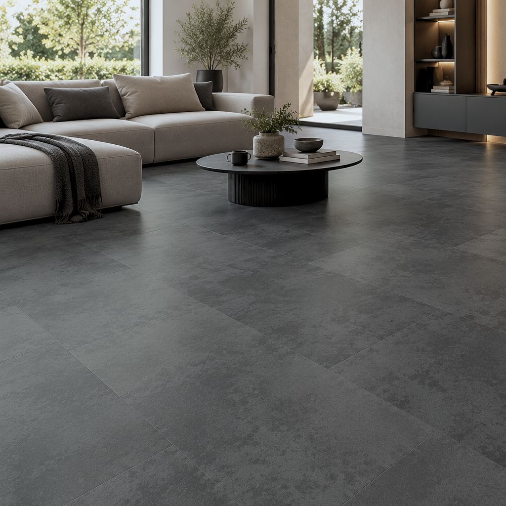 Wohnzimmer mit Klick Vinyl Fliese Betonoptik Crea dark grey als großformatiger Vinylboden von Floor4all