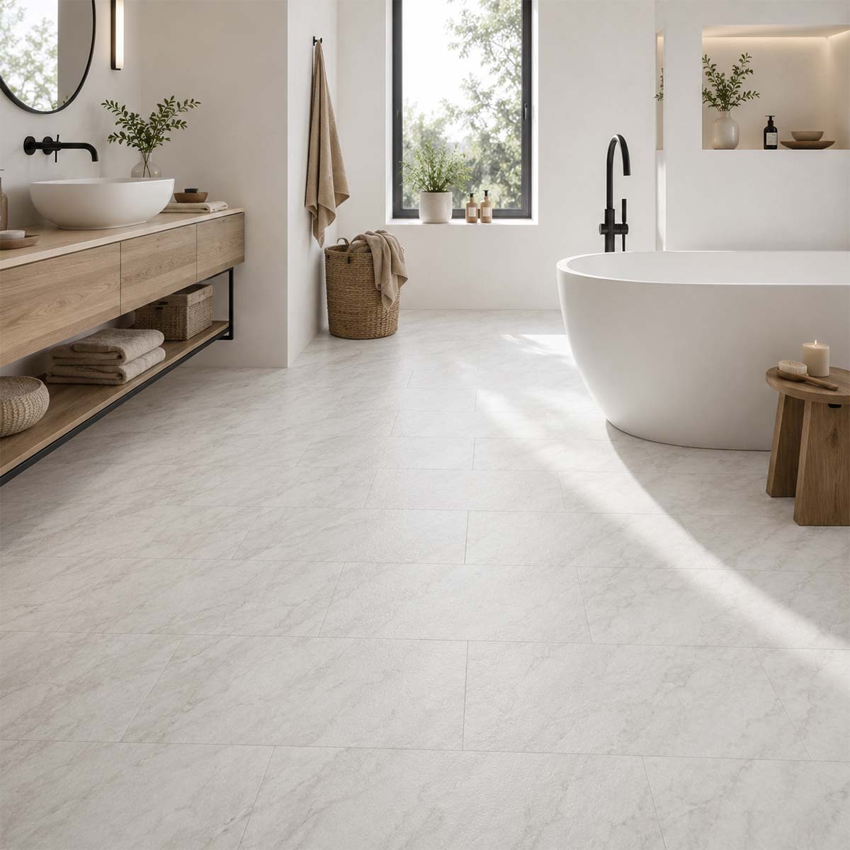 Klick Vinyl Carrara Marmor Weiß im modernen Badezimmer mit heller Marmoroptik