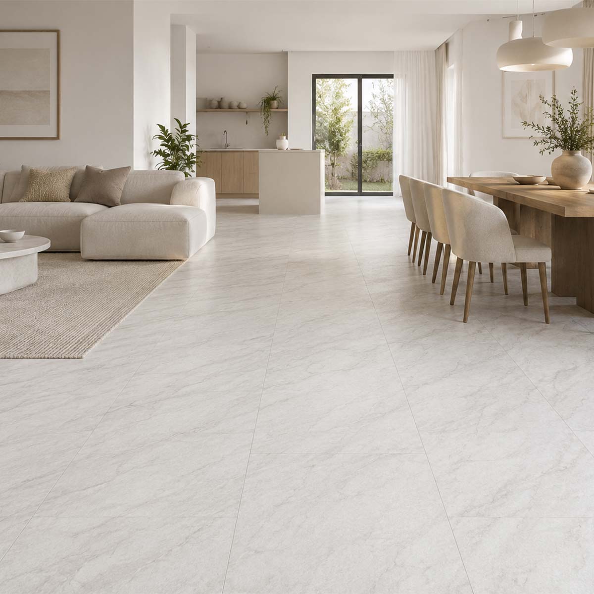 Klick Vinyl Carrara Marmor Weiß im hellen Wohnzimmer mit Marmoroptik