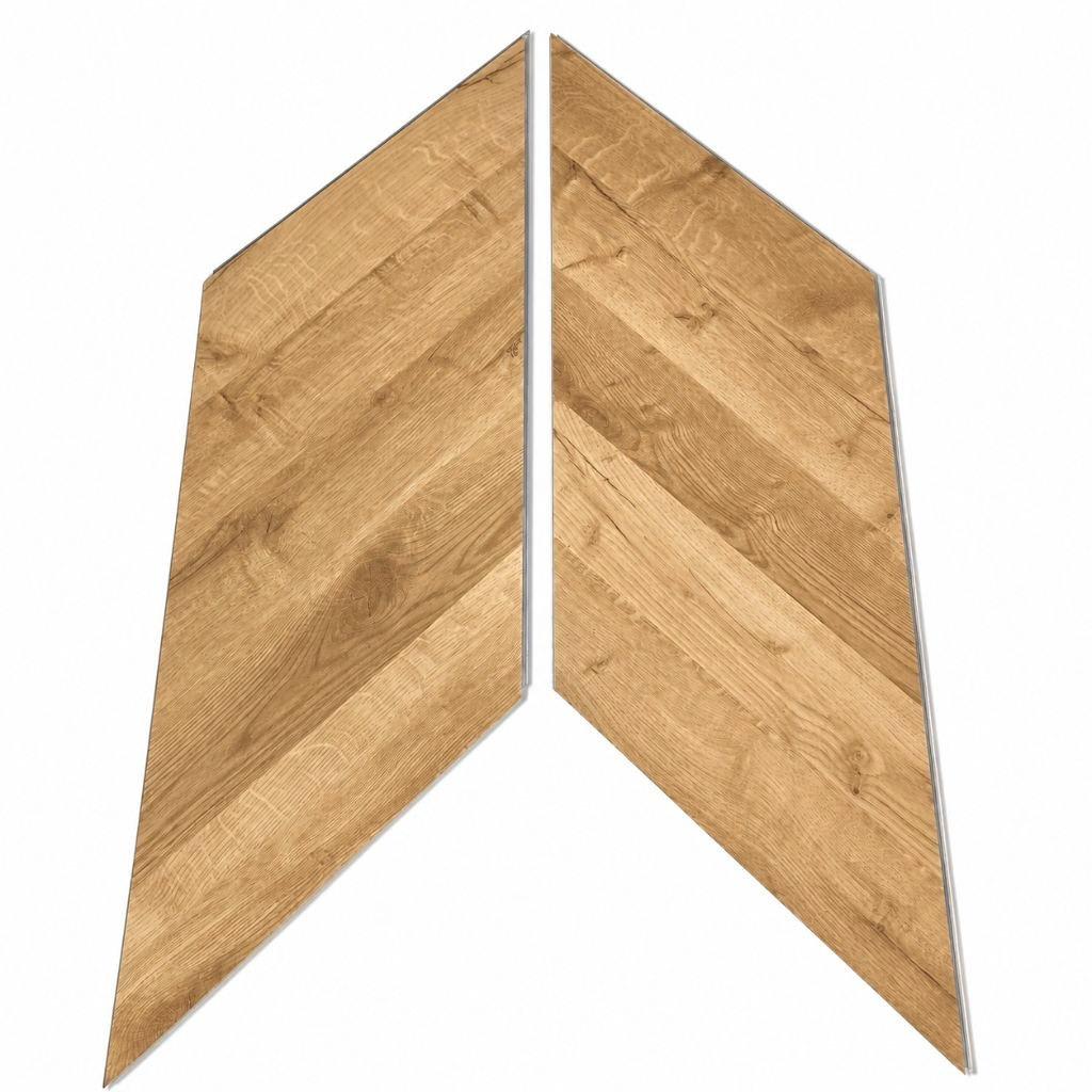 Zwei Chevron Vinyldielen in natürlicher Holzfarbe – zeigt die Klick-Verbindung und das V-förmige Verlegemuster