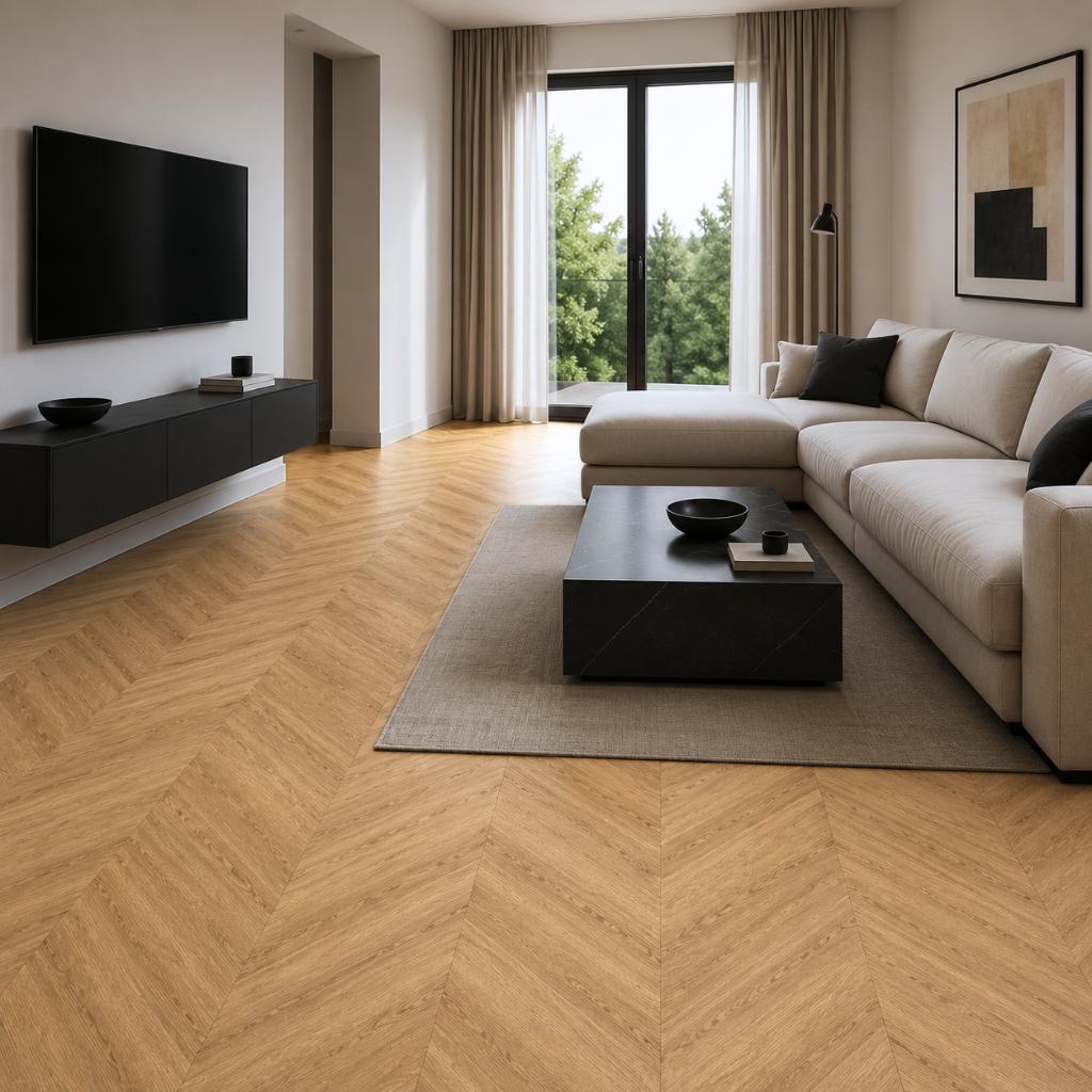 Modernes Wohnzimmer mit Chevron Designboden in natürlicher Holzoptik – elegantes Herringbone-Muster