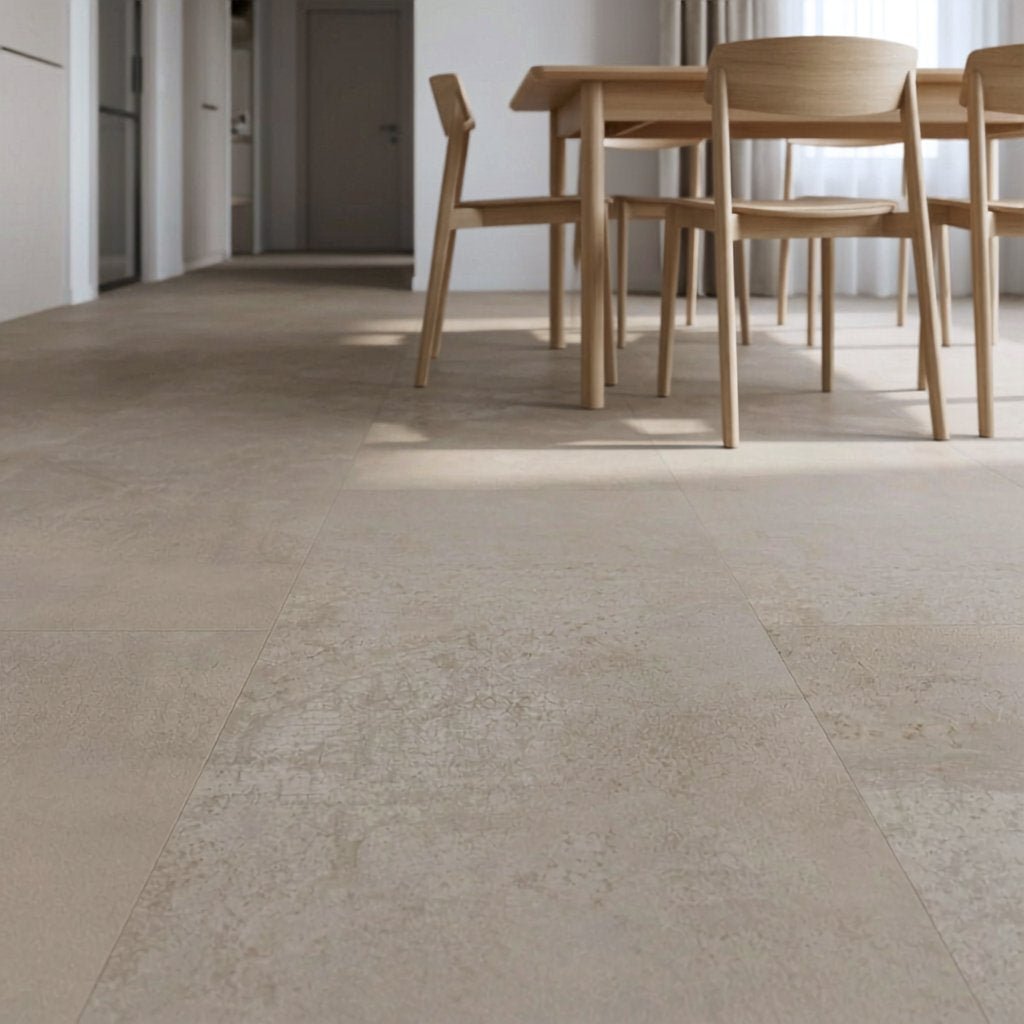 COREtec Klick Vinyl in natürlicher Steinoptik Aneto im modernen Esszimmer mit Holzmöbeln von Floor4all