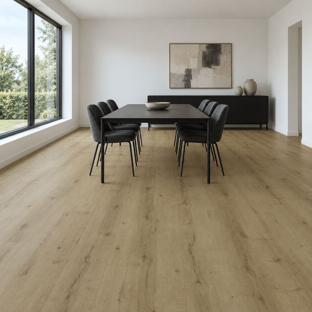 Vinylboden Eiche Ambia hell im Esszimmer mit schwarzem Tisch und anthrazitfarbenen Stühlen von Floor4all