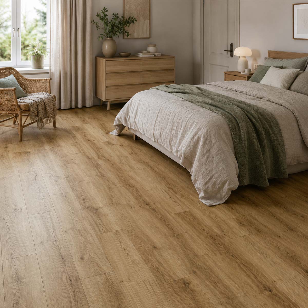 Klick Vinyl Eiche Bord im hellen gemütlichen Schlafzimmer