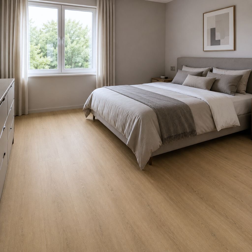 Gemütliches Schlafzimmer mit Eiche Burg – warm, pflegeleicht, leise durch Trittschalldämmung