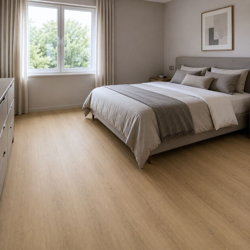 Gemütliches Schlafzimmer mit Eiche Burg – warm, pflegeleicht, leise durch Trittschalldämmung