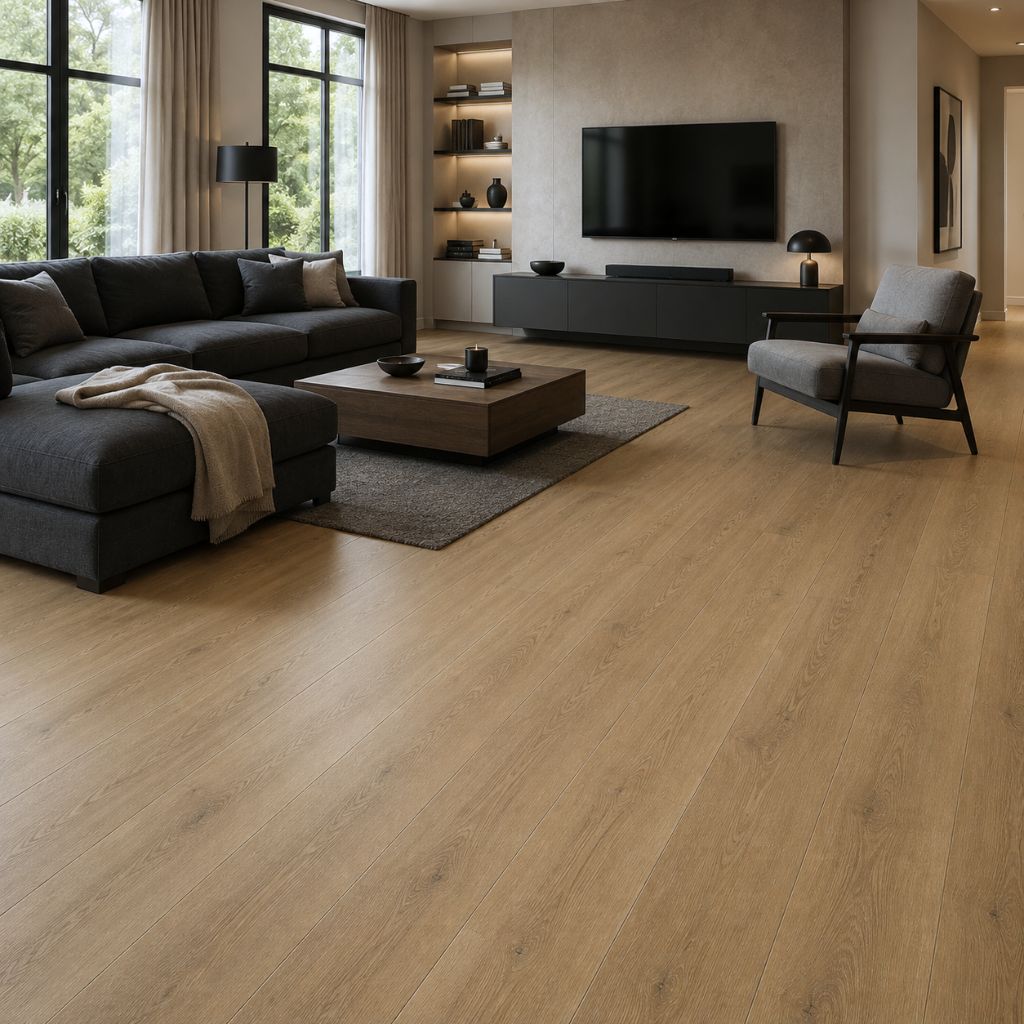Elegantes Wohnzimmer mit schwarzem Sofa, Eiche Burg – Kontrast, zeitlose Eleganz, durchgehend
