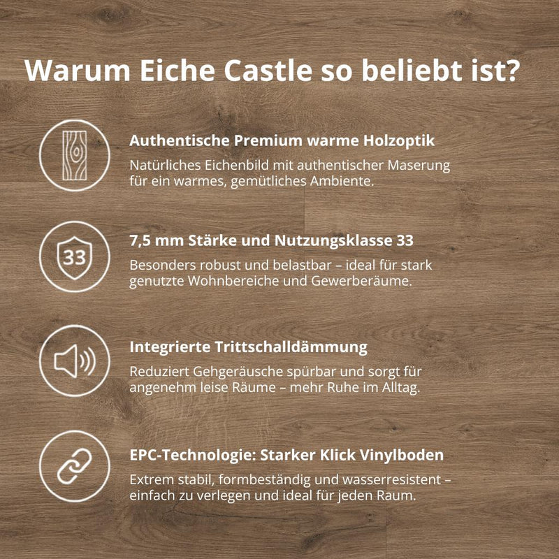 Verkaufsargumente für Klick Vinyl Eiche Castle mit Trittschalldämmung von Floor4all