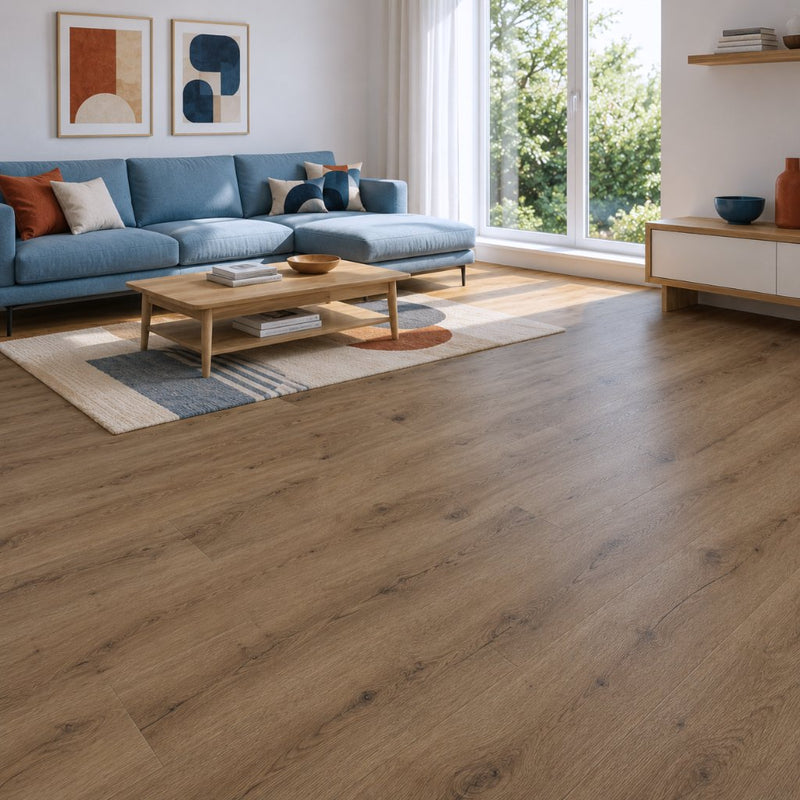 Klick Vinyl Eiche Castle im modernen Wohnzimmer mit bunten Akzenten und Tageslicht von Floor4all