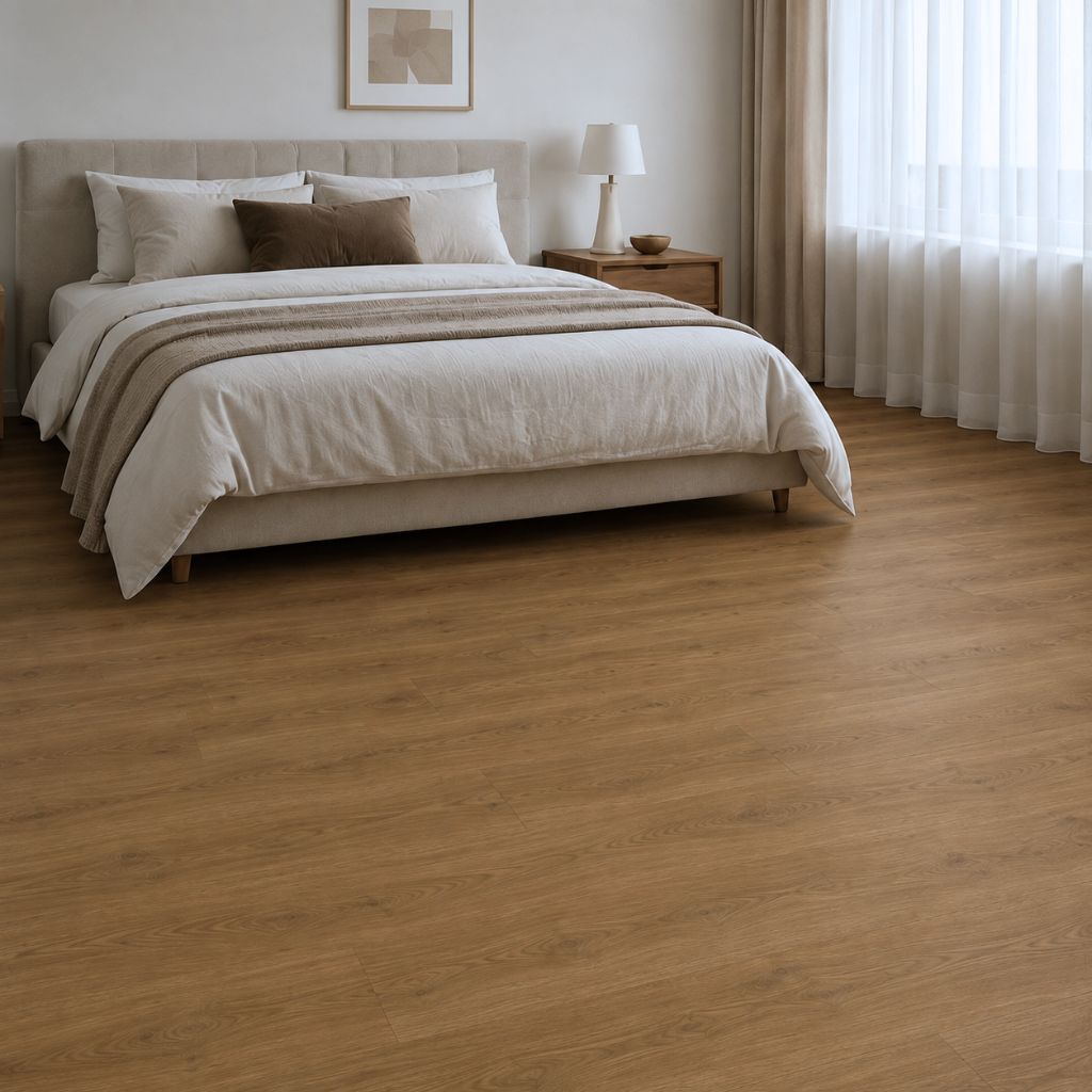 Gemütliches Wohnzimmer mit warmem Eiche-Klickvinyl, Ecksofa und rundem Holztisch von Floor4all