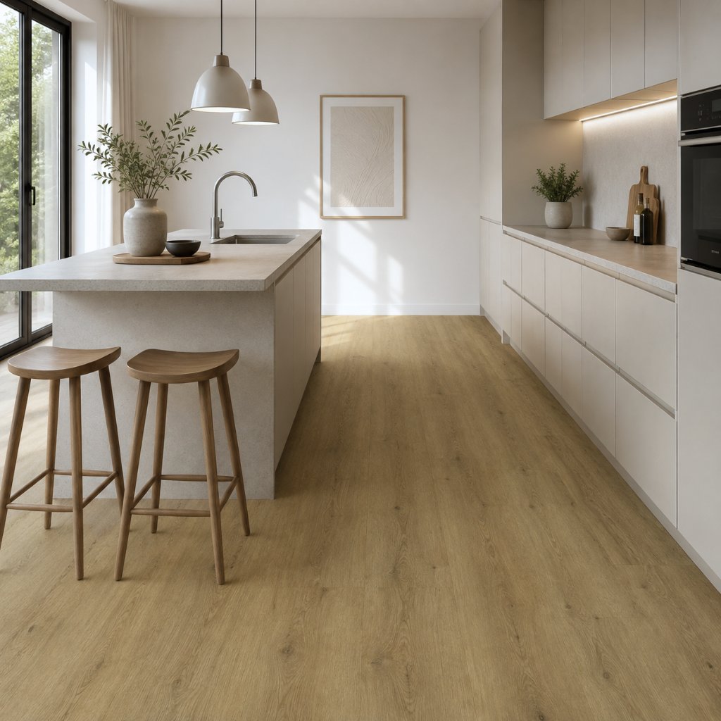 Moderne Küche mit Klick Vinyl Eiche Karl Landhausdiele in warmer Holzoptik von Floor4all