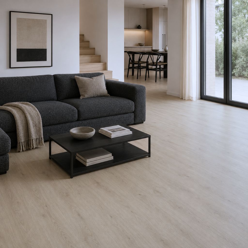 Offenes Wohnzimmer mit hellem Vinylboden in natürlicher Eichenoptik und dunklen Möbeln von Floor4all