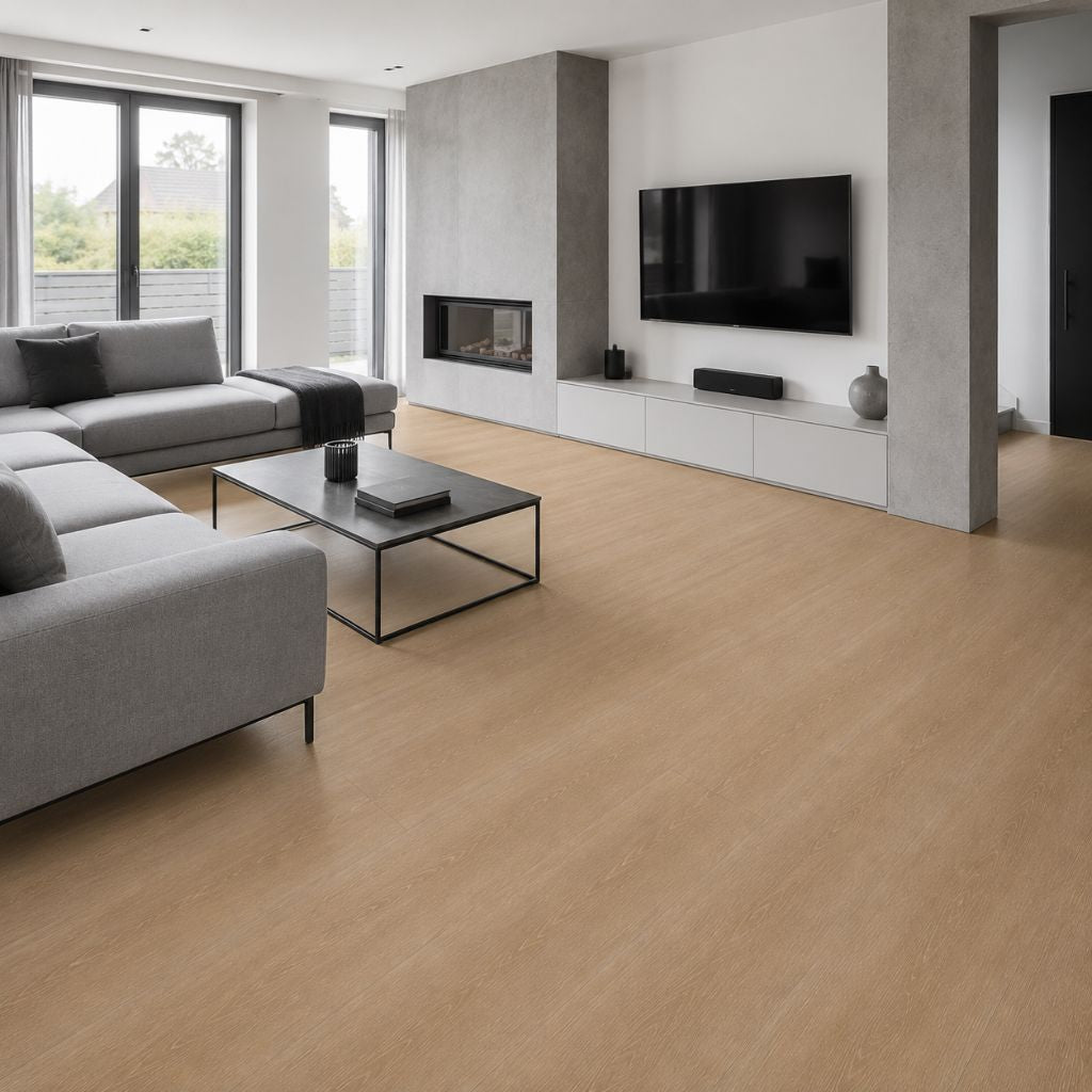 Modernes Wohnzimmer mit Klick Vinyl Eiche Medium, grauem Sofa, TV-Wand, robust, pflegeleicht, offene Raumgestaltung