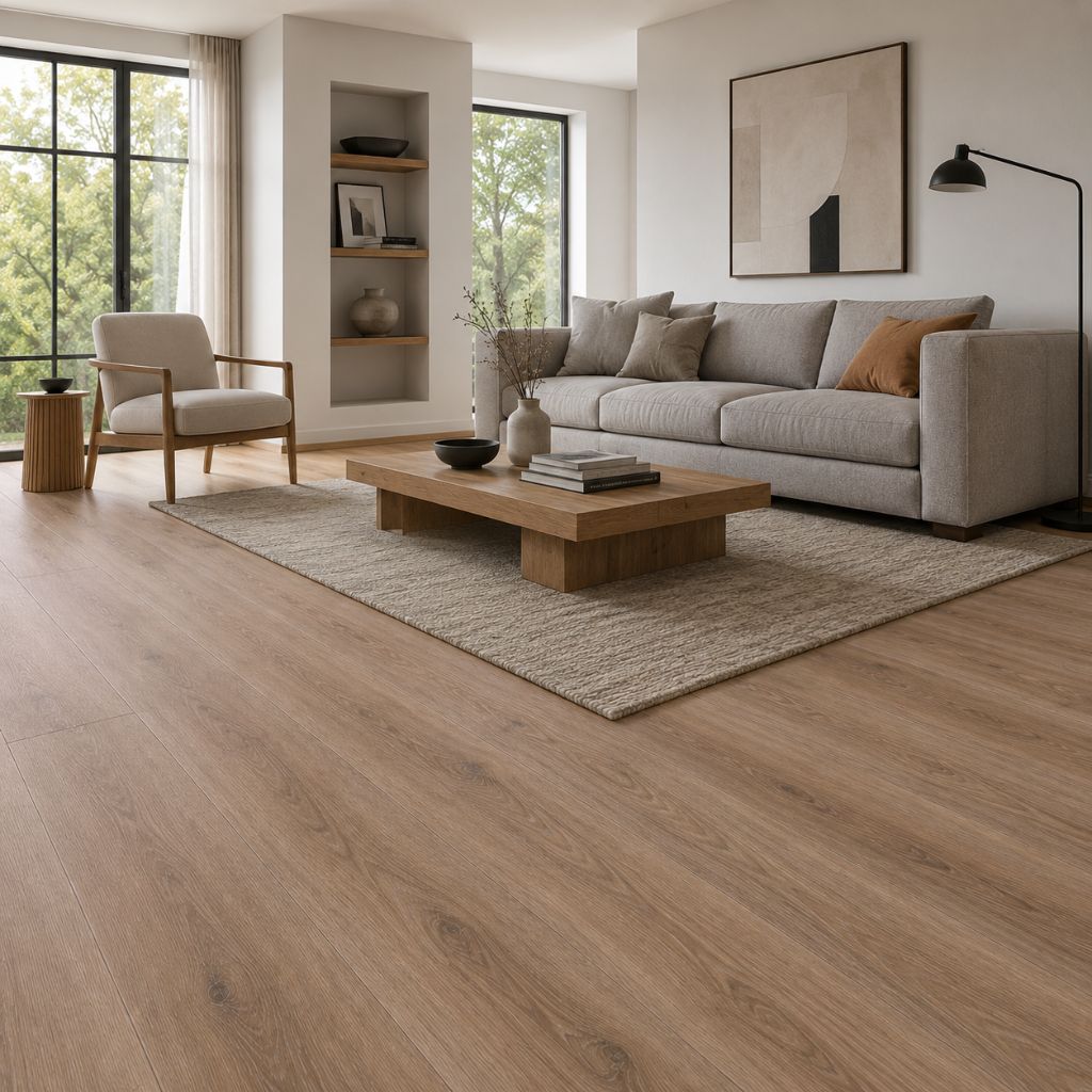 Modernes Wohnzimmer mit Klick Vinyl Eiche Padua Landhausdiele zeigt zeitlose elegante Holzschönheit im Alltag
