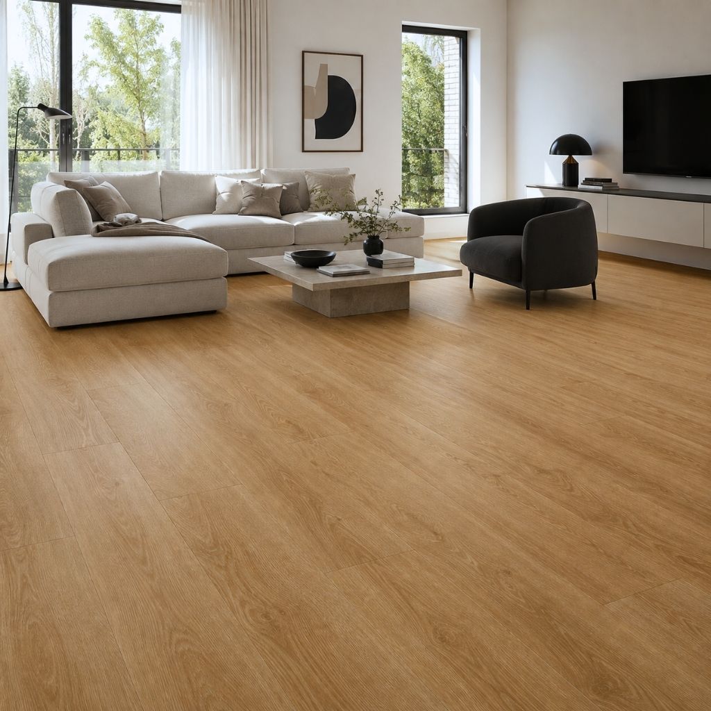 Klick Vinyl Holzoptik Eiche Savio mit Trittschalldämmung im Wohnzimmer von Floor4all
