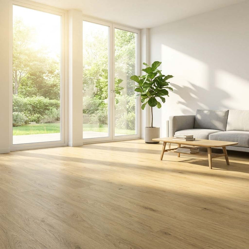 Klick Vinyl Eiche Siena in heller Holzoptik im Wohnzimmer verlegt bei Floor4all