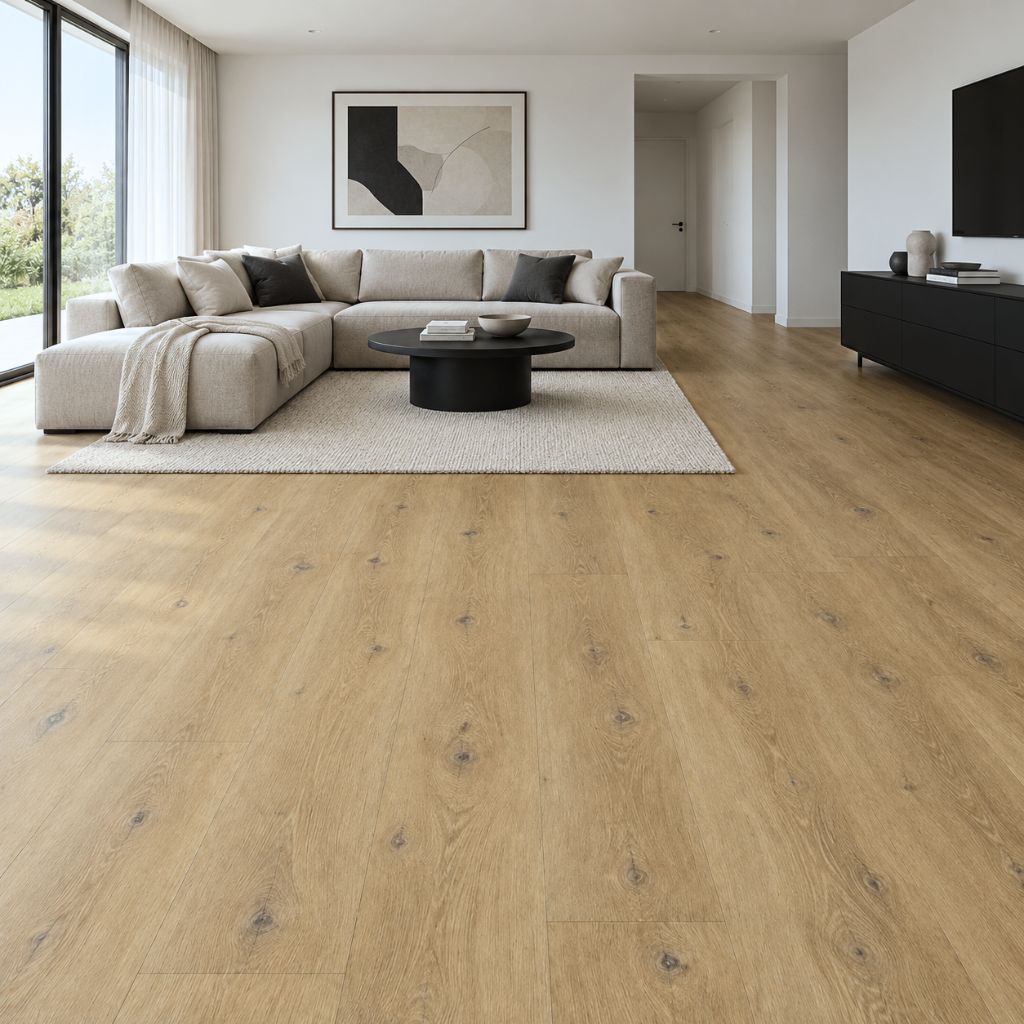 Helles Wohnzimmer mit Ecksofa und Klick Vinyl Eiche Somera als warme Landhausdiele in Honigbeige von Floor4all