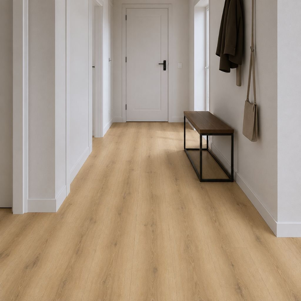 Moderner Flur mit Eiche Stev – authentische Eiche-Maserung, großzügig verlegt, helles minimalistisches Design