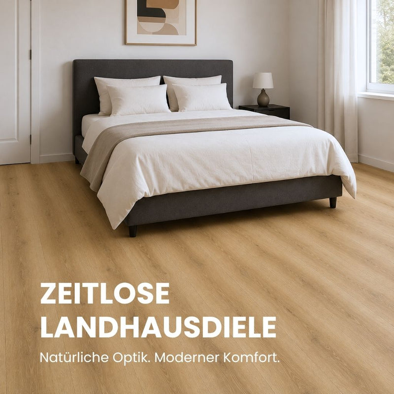 Schlafzimmer mit Eiche Stev – dunkles Polsterbett, natürliche Holzoptik, warm und komfortabel, schwarzer Nachttisch