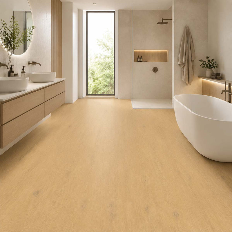Klick Vinyl Eiche Strat mit Kork-Trittschalldämmung in einem modernen Badezimmer
