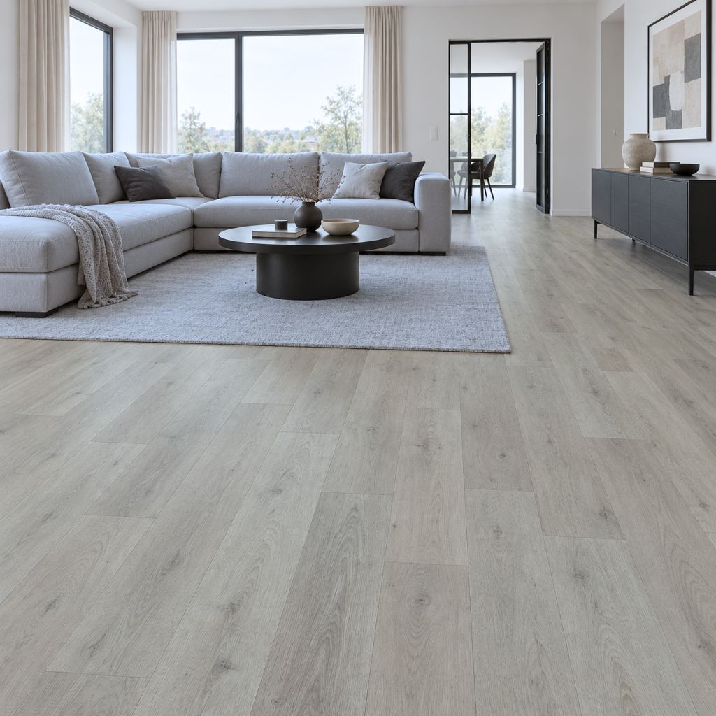 Vinylboden Eiche Sylo grau im Wohnzimmer mit hellgrauem Ecksofa und schwarzem Sideboard von Floor4all