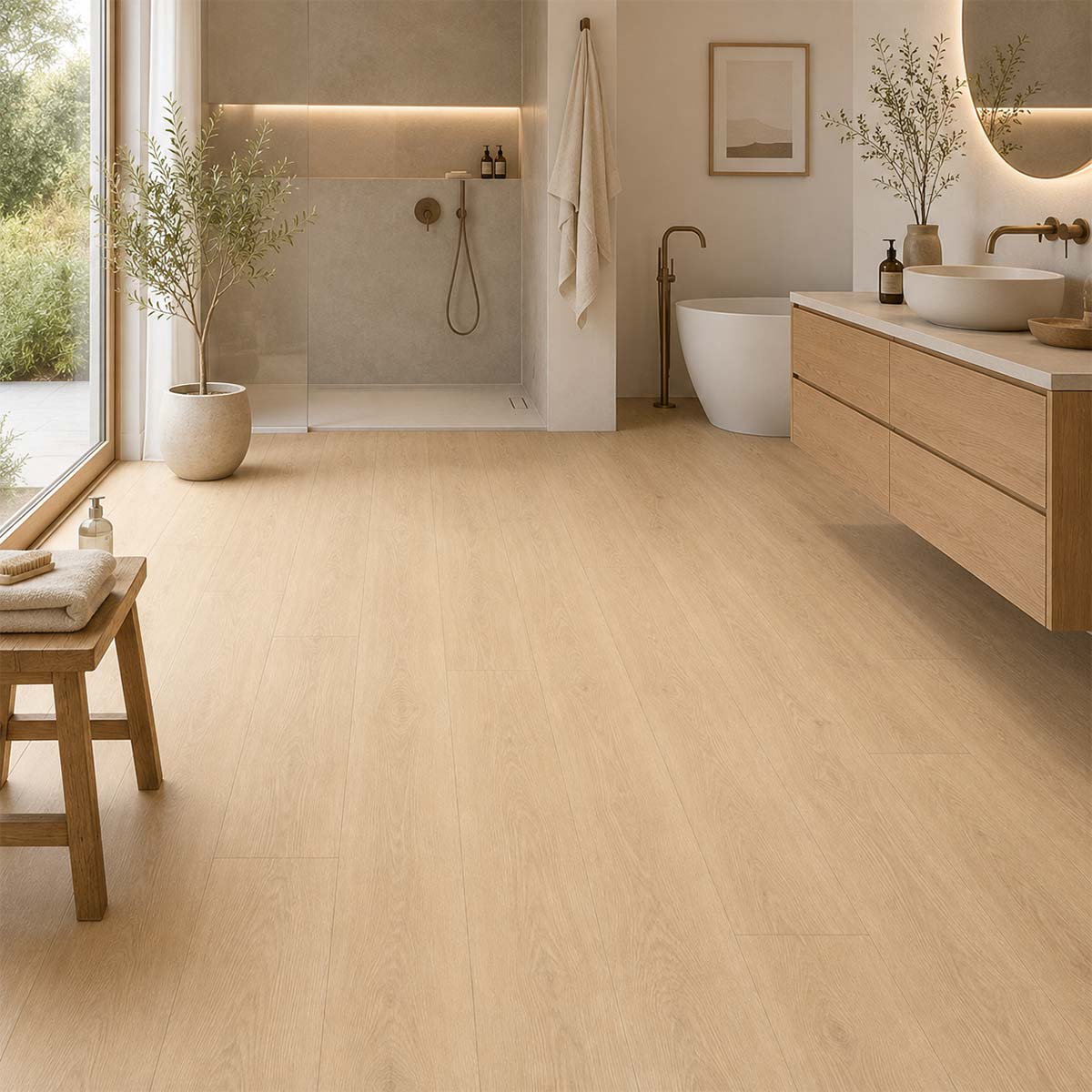 Minimalistisches Badezimmer im Zen-Stil mit Klick Vinyl Eiche Torsby in heller Eichenoptik und natürlichem Licht.