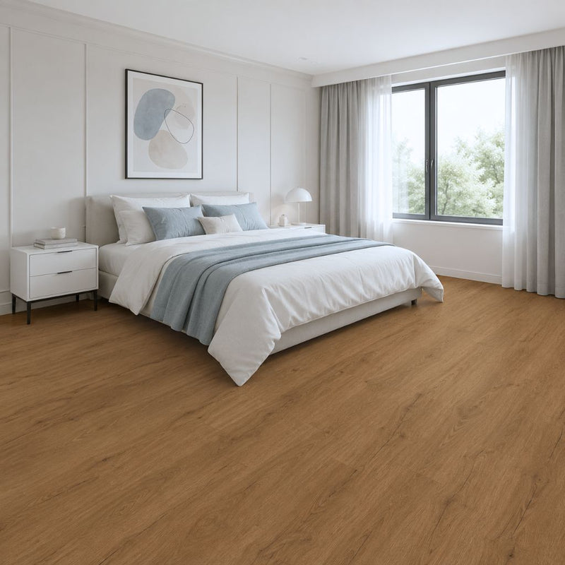 Klick Vinyl Eiche Vien Landhausdiele in warmer Eichenoptik im hellen Schlafzimmer von Floor4all