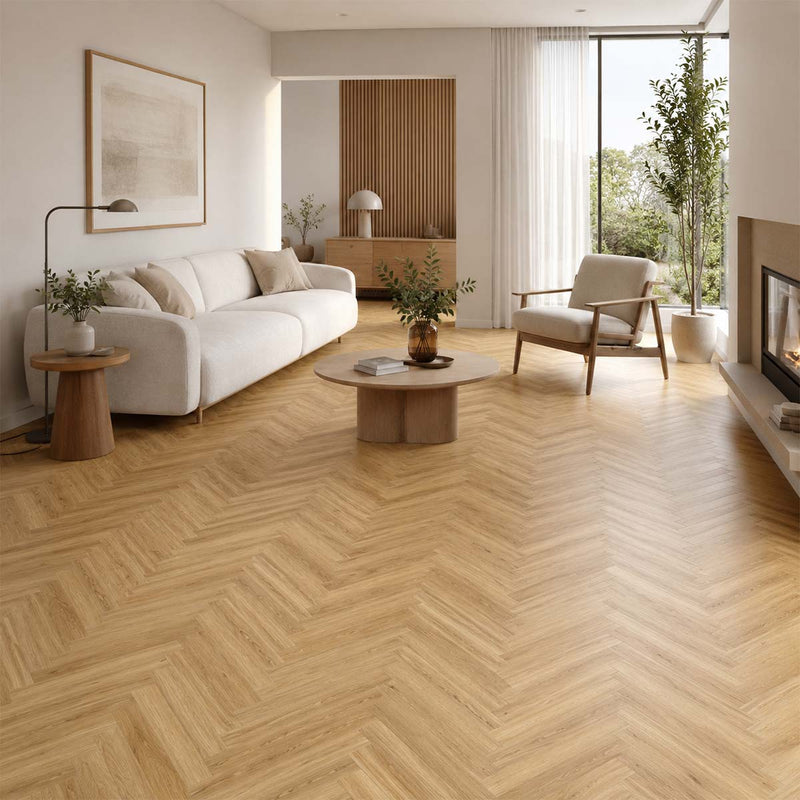 Klick Vinyl Fischgrät Fresh Oak Authentic im hellen Wohnzimmer mit warmer Eichenoptik