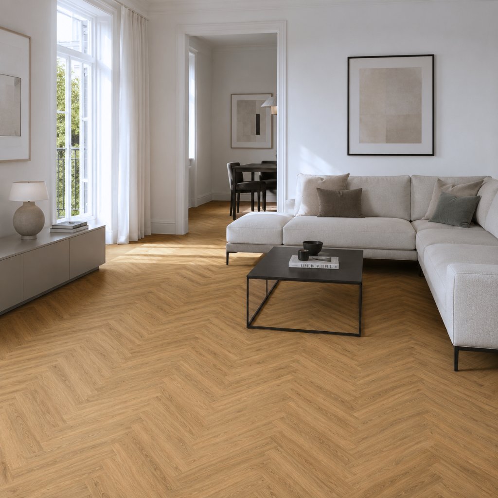 Klick Vinyl Fischgrät Fresh Oak im modernen Wohnzimmer mit hellem Sofa und Tageslicht von Floor4al