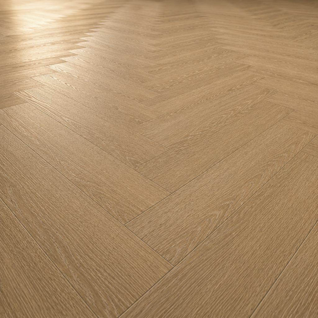 Fischgrät-Muster aus Bodenperspektive: versetzte Reihen erzeugen optische Tiefe und Design-Spannung.