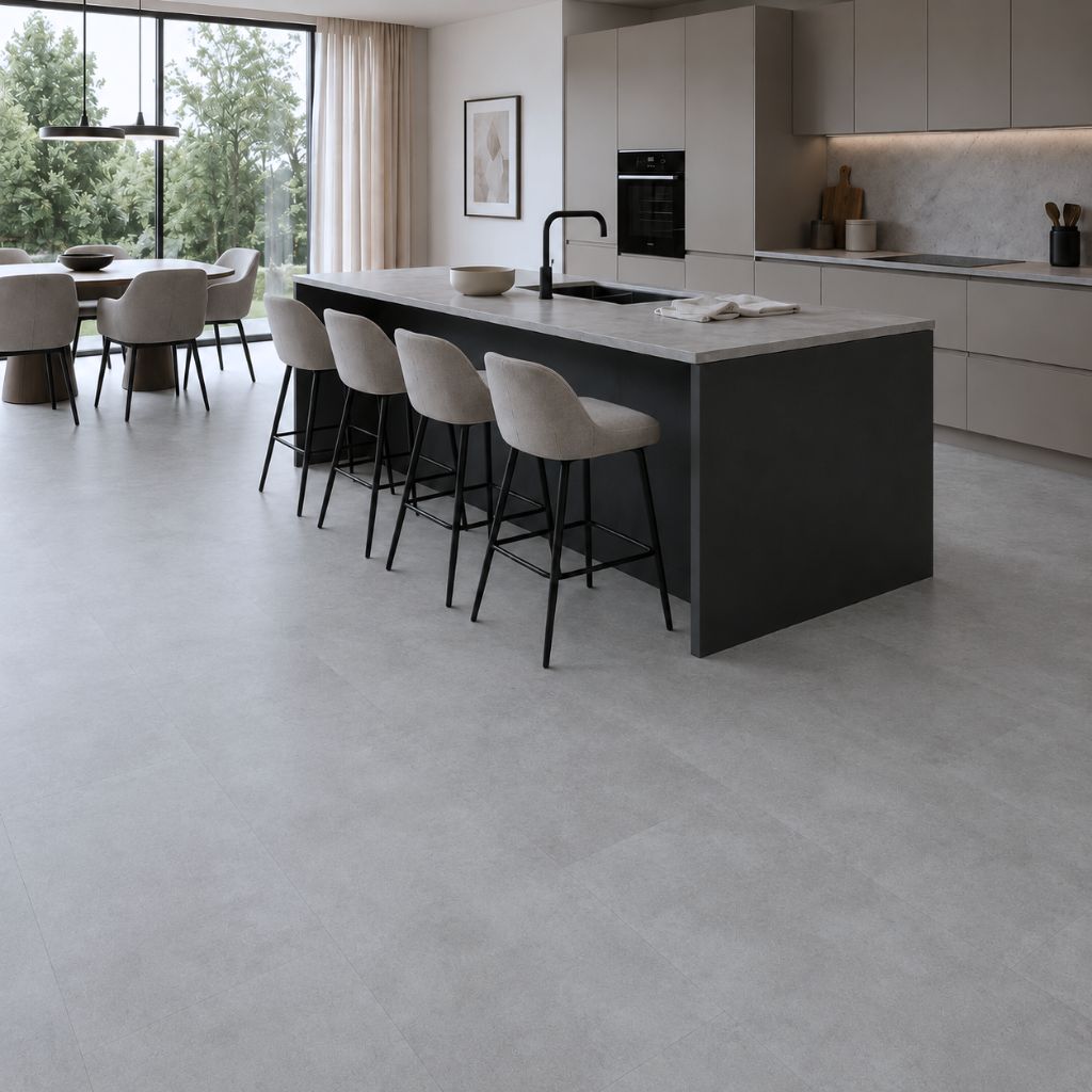Moderne offene Küche mit großformatigem Vinylboden in Steinoptik und Kochinsel von Floor4all