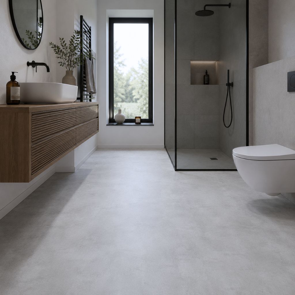 Elegantes Badezimmer mit grauer Fliesenoptik in großformatigem Klick-Vinyl von Floor4all

