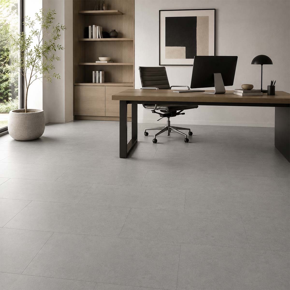 Klick Vinyl Fliesenoptik Grazil mit Trittschalldämmung im Arbeitszimmer