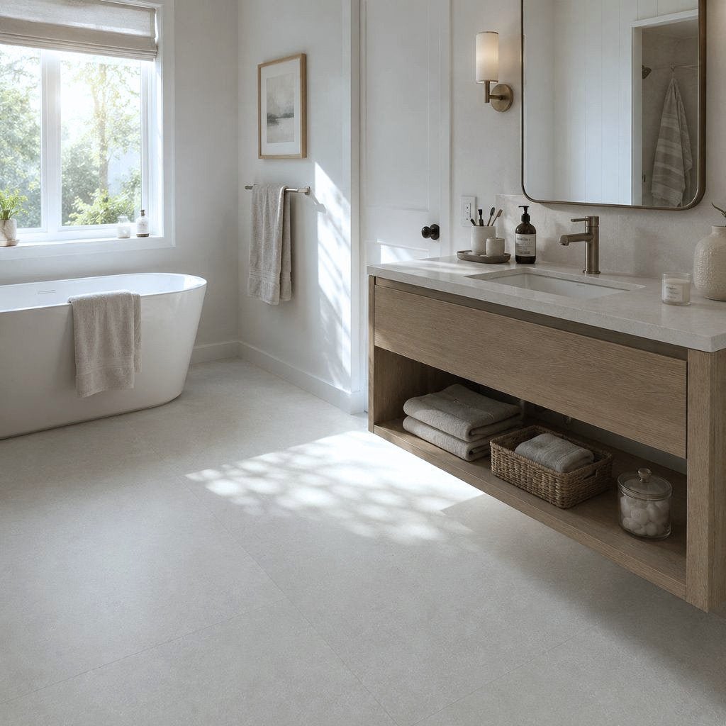 Helles Badezimmer mit freistehender Wanne und Klick Vinylboden in Travertin-Fliesenoptik von Floor4all