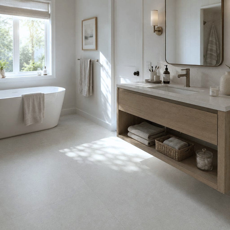 Helles Badezimmer mit freistehender Wanne und Klick Vinylboden in Travertin-Fliesenoptik von Floor4all