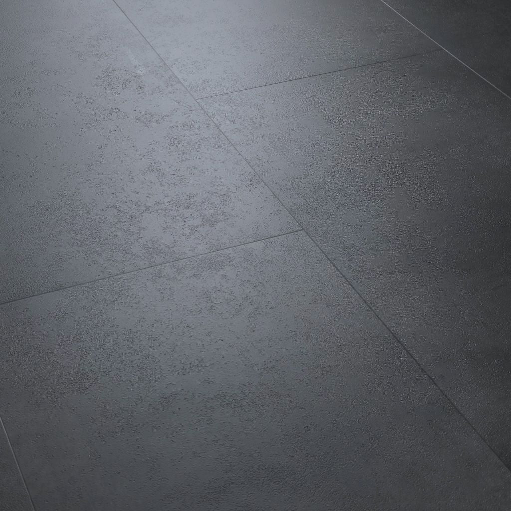 Nahaufnahme der dunklen Betonoptik-Oberfläche des Klick Vinyl Wenova grau mit dezenter Fuge im Winkel – Floor4all