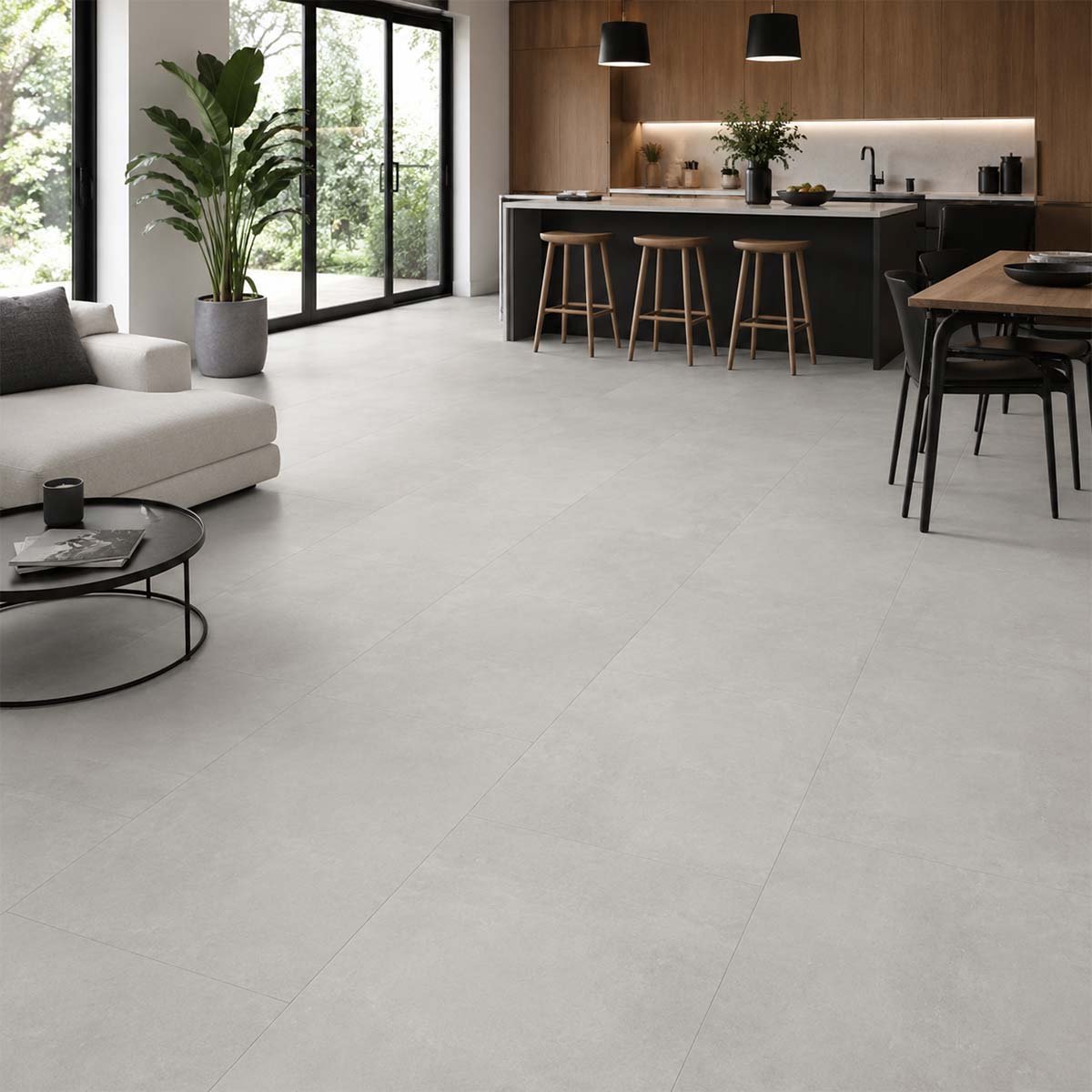 Klick Vinyl Fliesenoptik XL Light Beton in moderner Wohnküche mit heller Betonoptik