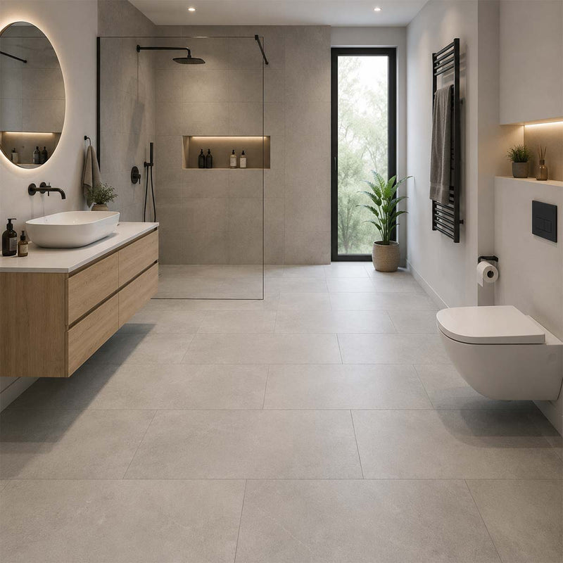Klick Vinyl Fliesenoptik XL Metrom mit Trittschalldämmung in einem hellen modernen Badezimmer mit bodengleicher Dusche, Holzwaschtisch und grauer XL-Fliesenoptik im Halbverband