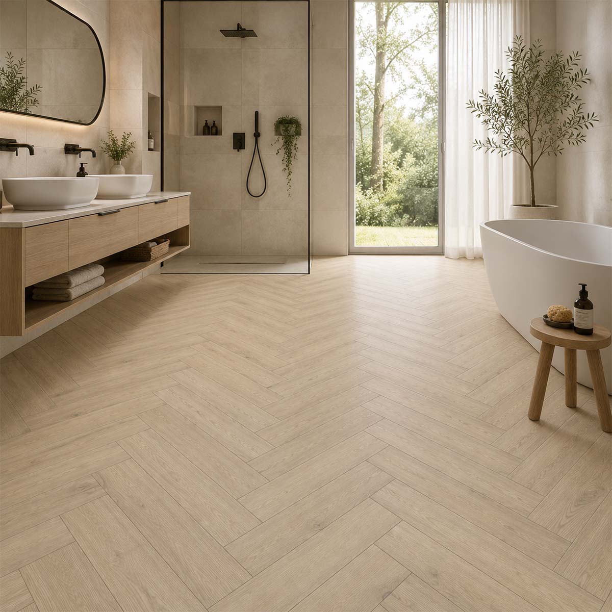 Klick Vinyl Forest Fischgrät mit Kork-Trittschall im modernen Badezimmer mit heller Holzoptik